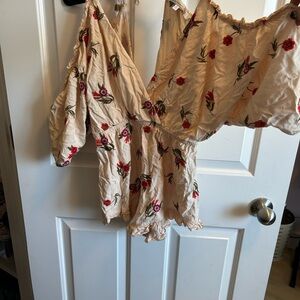 Lovers + Friends Floral Off-Shoulder Romper - Cream and Red